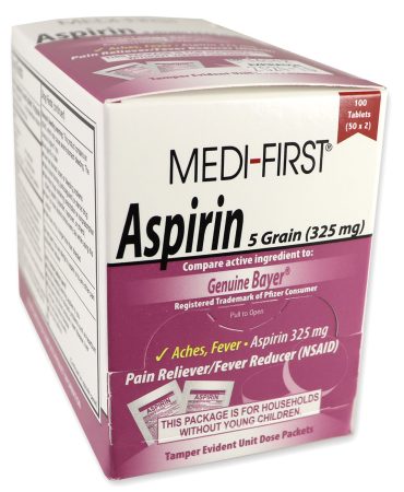Aspirin, 100 tablets per box, 50 packets of 2 tabs each