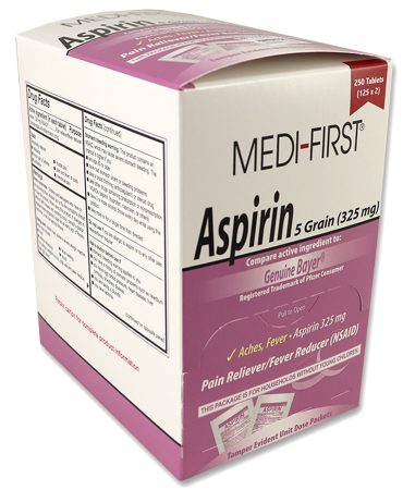Aspirin, 250 tablets per box, 125 packets of 2 tabs each