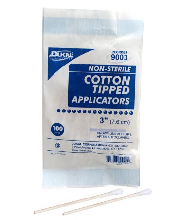 Cotton tipped applicator, 3", non-sterile, 100 per package